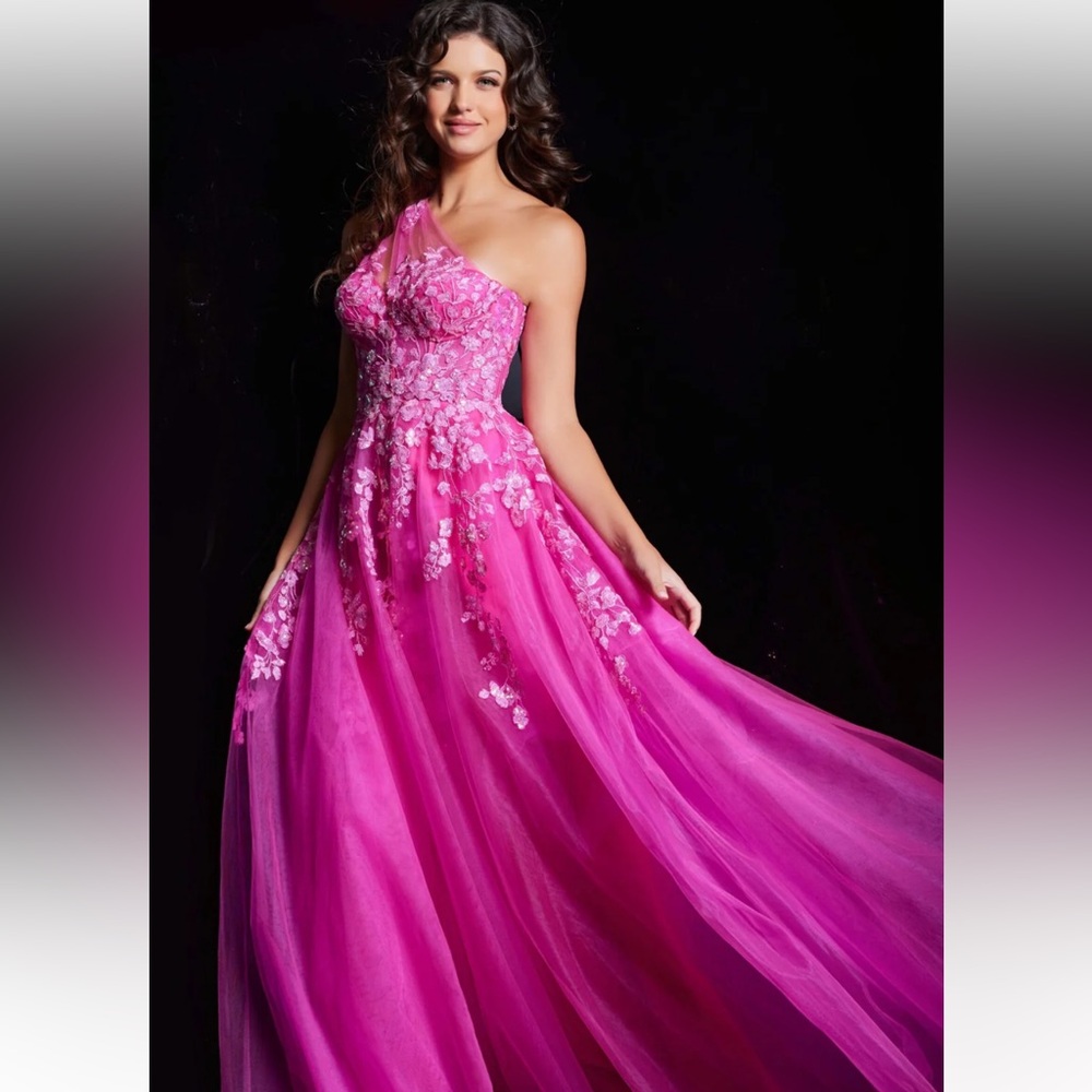 Jovani JVN39318 Floral Embroidered Asymmetric A-line Gown in fuchsia tulle dress